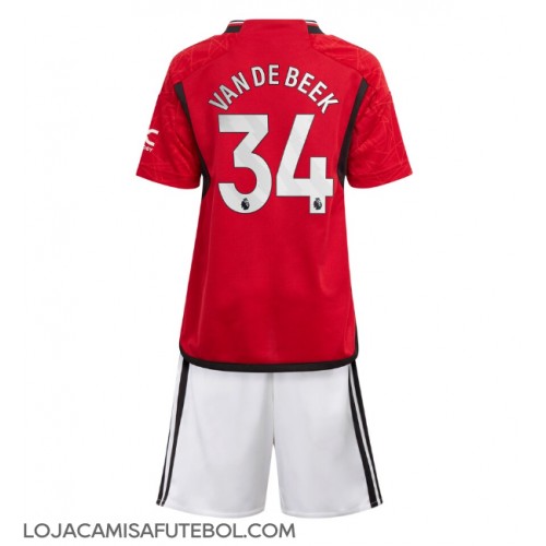 Camisa de Futebol Manchester United Donny van de Beek #34 Equipamento Principal Infantil 2023-24 Manga Curta (+ Calças curtas)